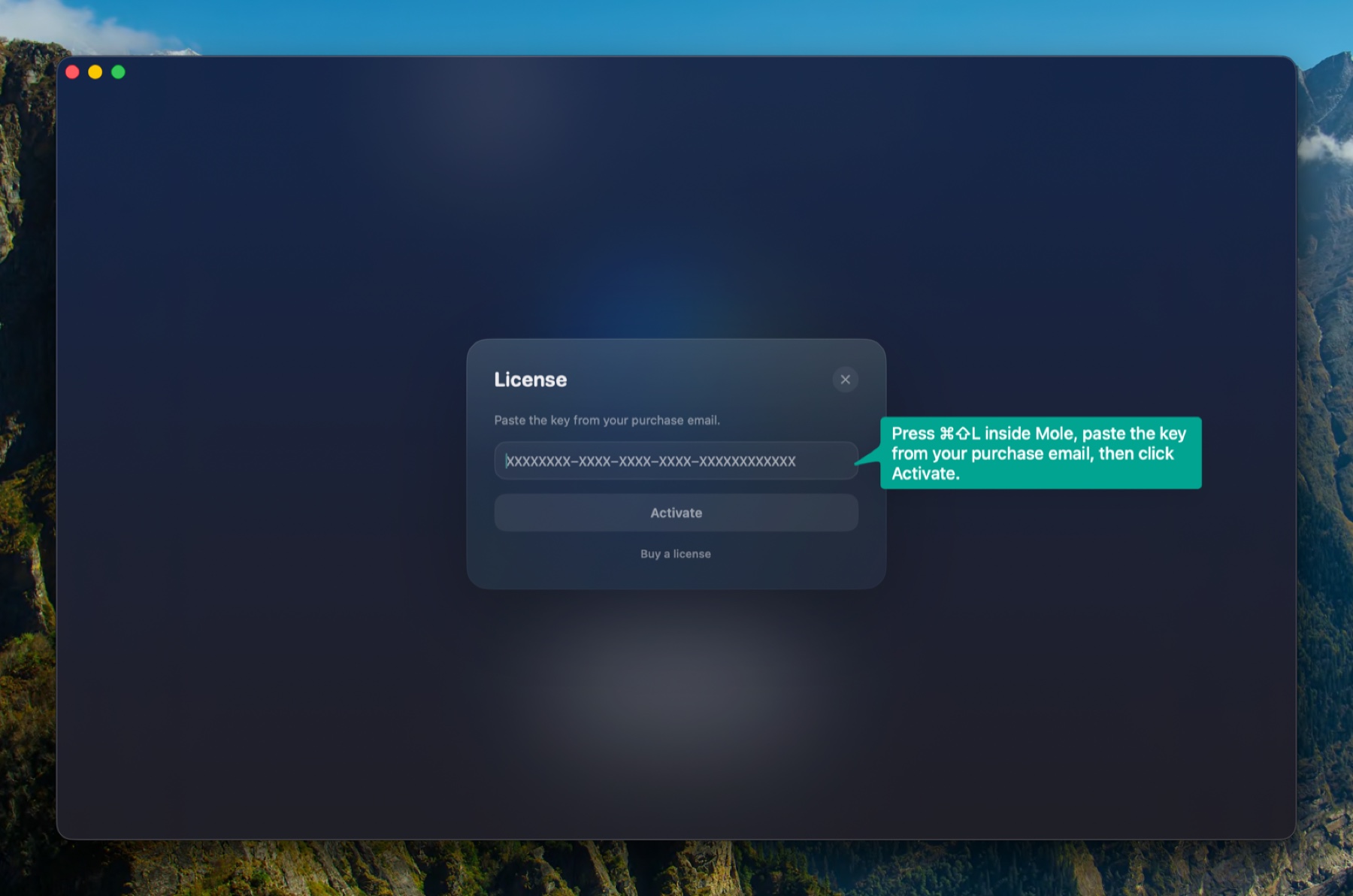 License activation panel inside Milo